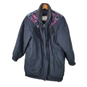Vintage 80s Puffer Coat Size Medium Winter zip warm Floral Velvet Accent Granny